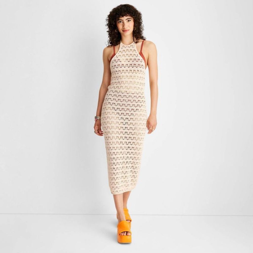 Sleeveless Cream Knit Midi Dress with Red Trim